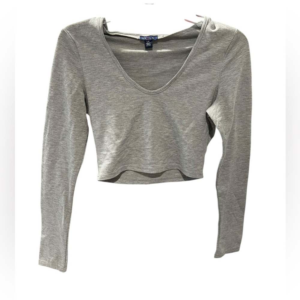 UK2LA Gray Long Sleeve V-Neck Crop Top Size Small